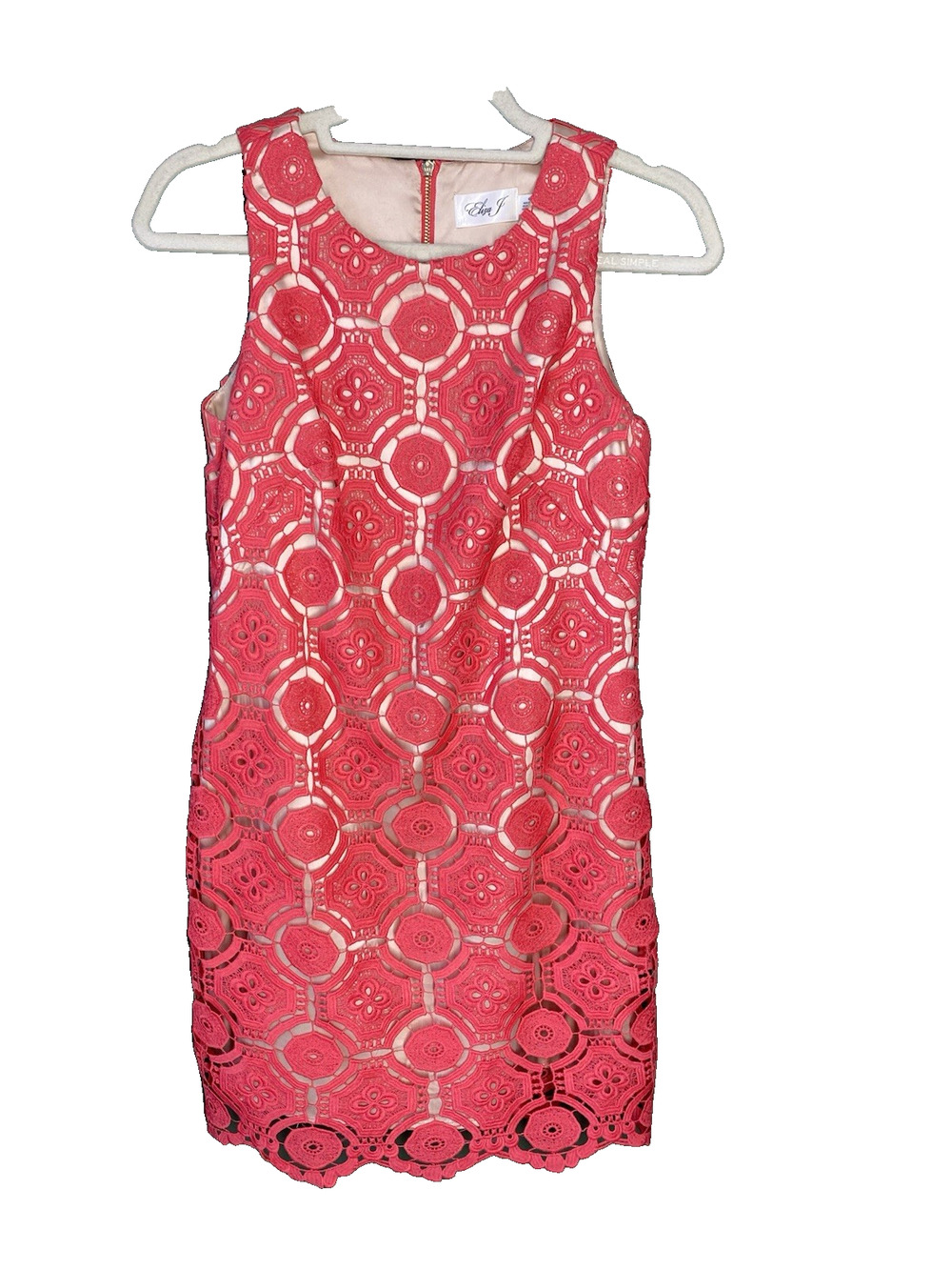 Eliza J Dress Womens 6P PETITE Coral Eyelet Overlay Sheath Vibrant Cocktail Mini